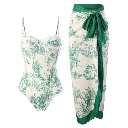 "Renee" Retro One-Piece Swimwear with Skirt Set