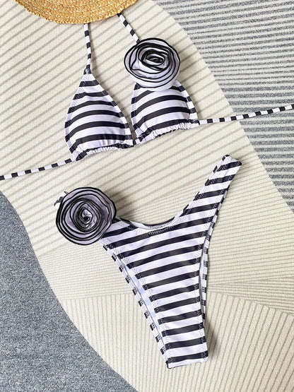 "Dakota" Striped Bikini Floral Design