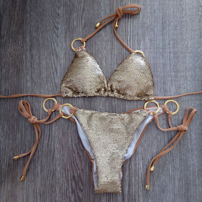 Golden Sequin Triangle Bikini