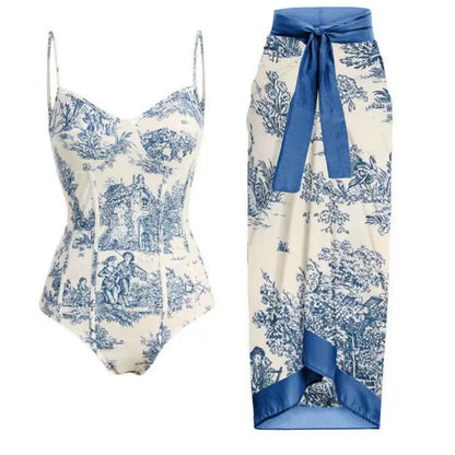 "Renee" Retro One-Piece Swimwear with Skirt Set