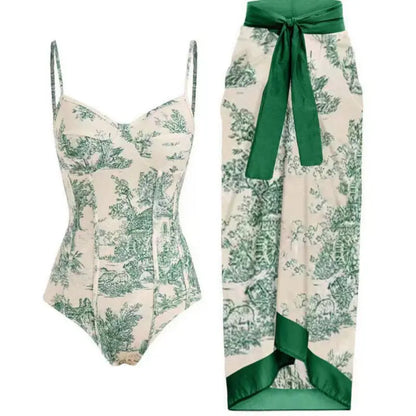 "Renee" Retro One-Piece Swimwear with Skirt Set